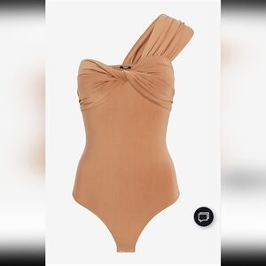 Express Body Contour Compression Silky One Shoulder Twist Thong Bodysuit S Pecan